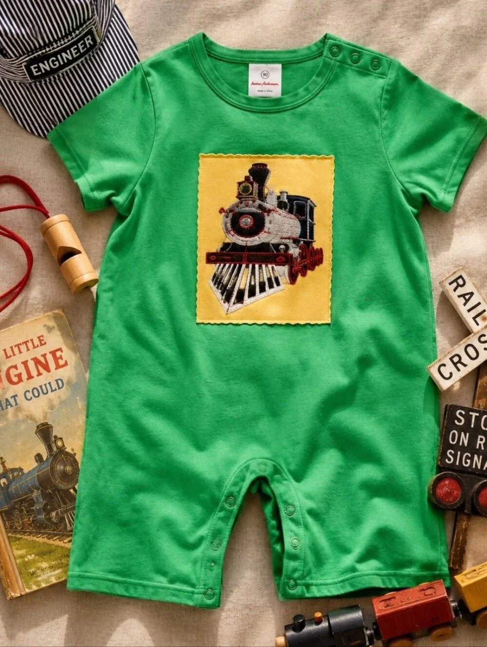 VTG Hanna Andersson Train Appliqué Romper Size 90 3T Green Locomotive Shortall